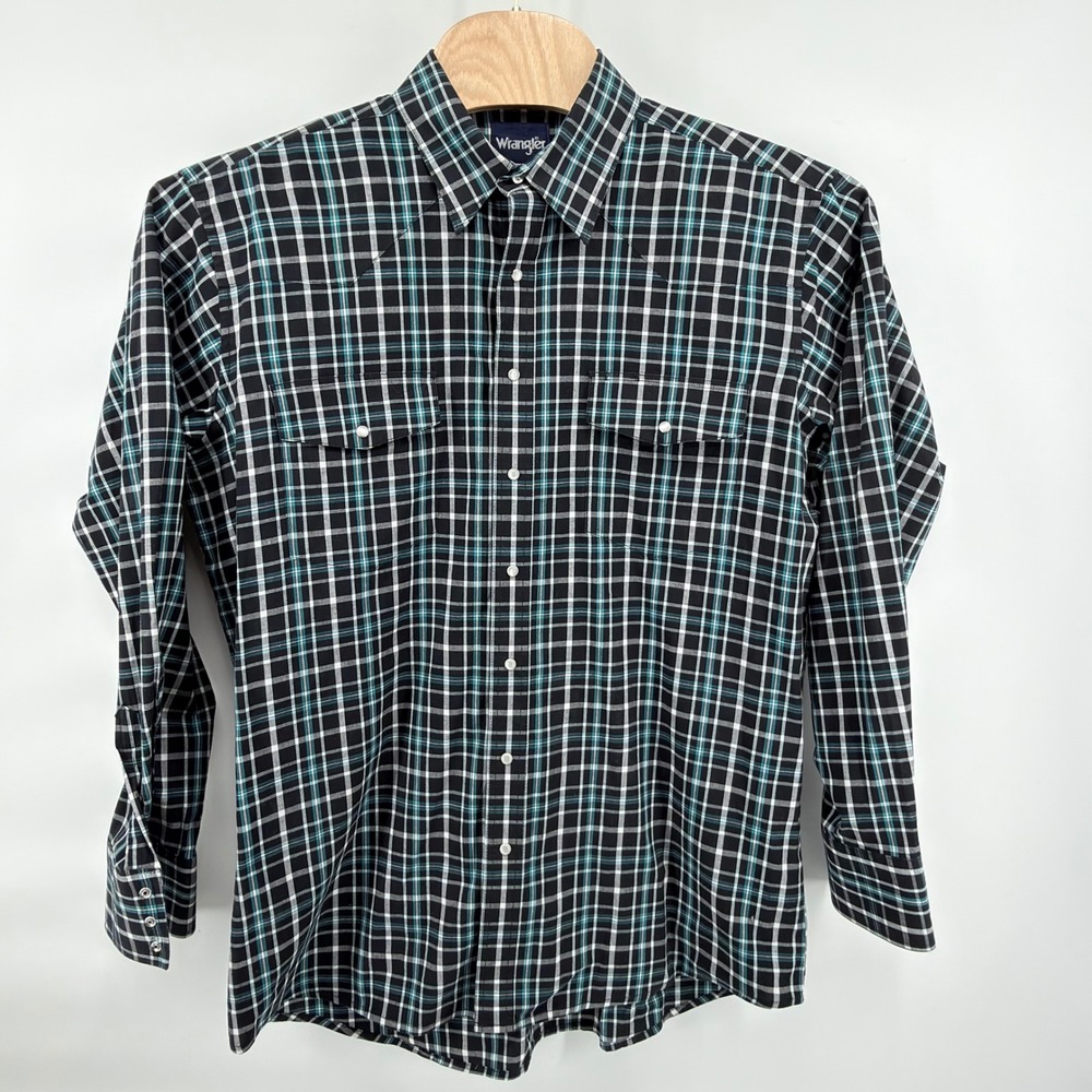 Wrangler Western Shirt Mens XLT Black White Teal Plaid Pearl Snap Long Sleeve
